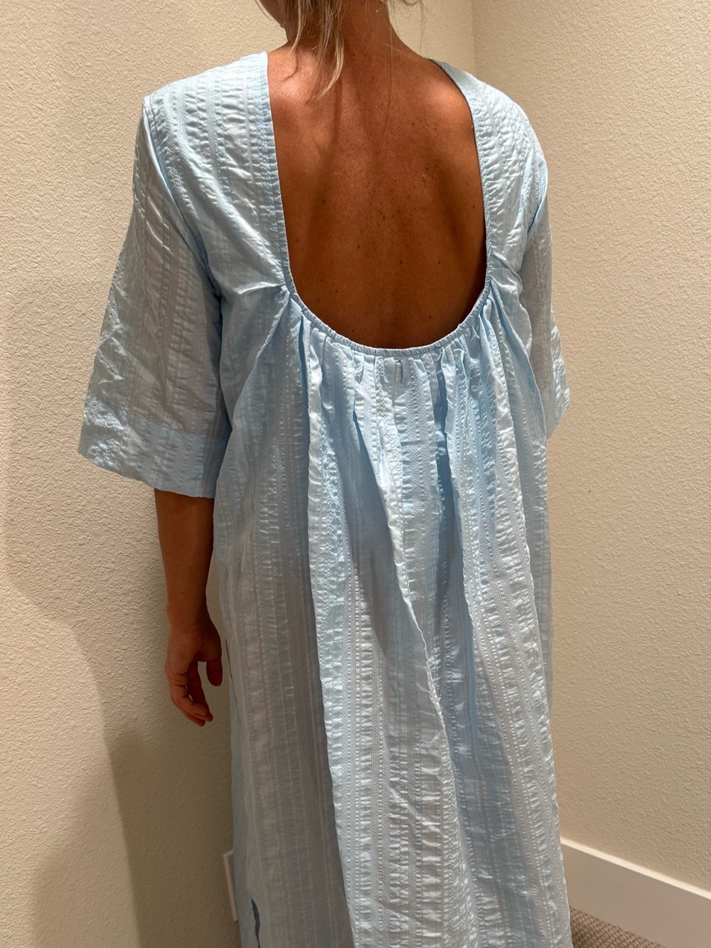 Light Blue Open-Back Cotton Midi Dress